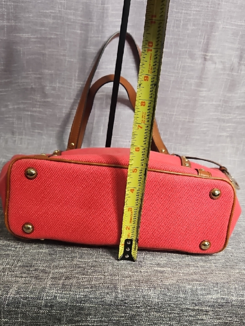 Michael Kors Coral Canvas Tote with Tan Leather Trim and MK Charm - Picture 7 of 15